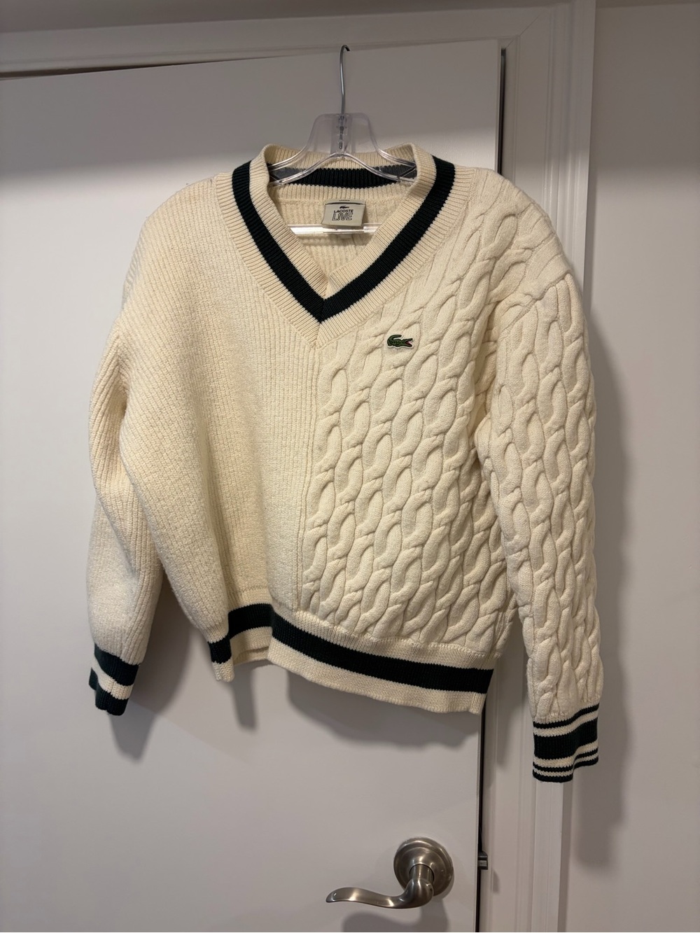 Lacoste Cream Cable Knit V-Neck Sweater with Black Trim